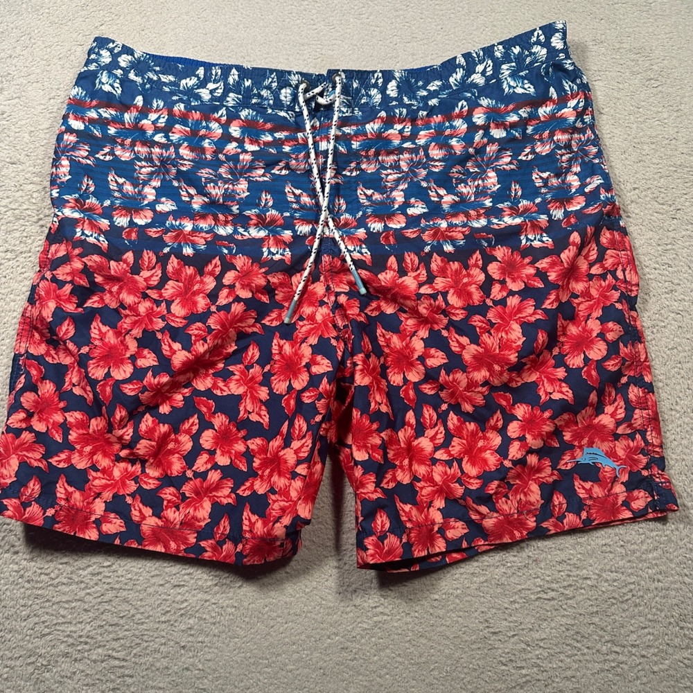 Tommy Bahama Swim Trunks Mens XXL Blue Red Hibiscus Floral Tropical Board Shorts